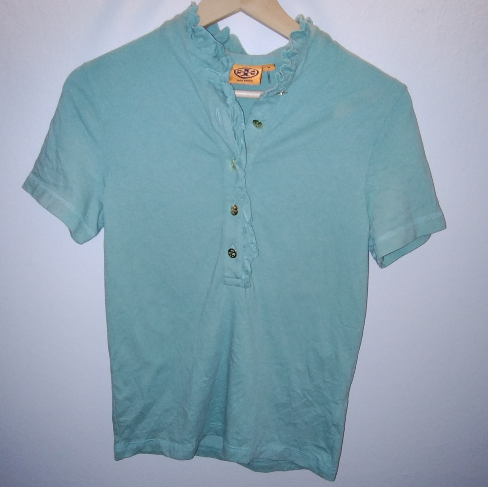 Tory Burch Ruffle Polo Top | Blue | Size M